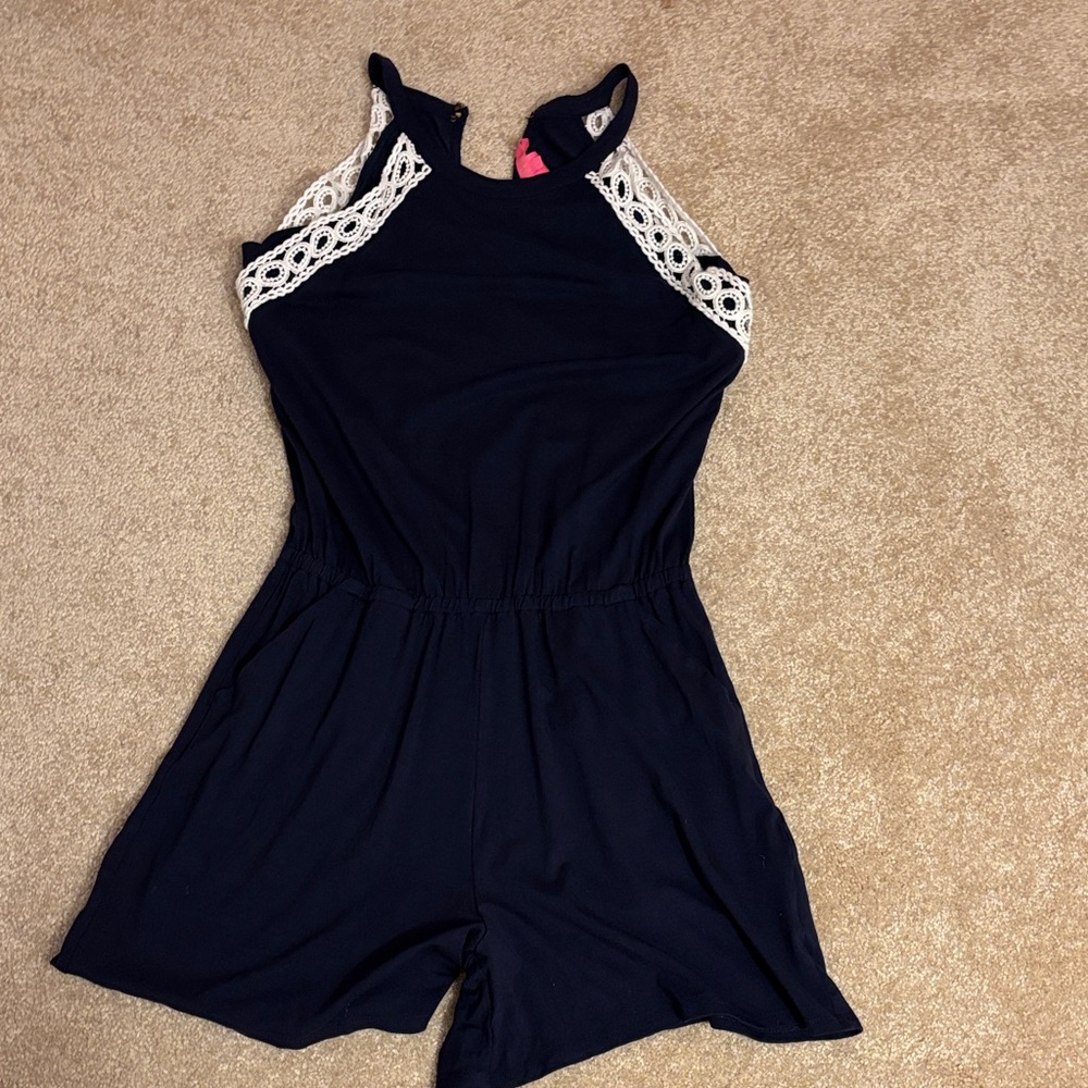 Navy Blue Romper with Lace Trim